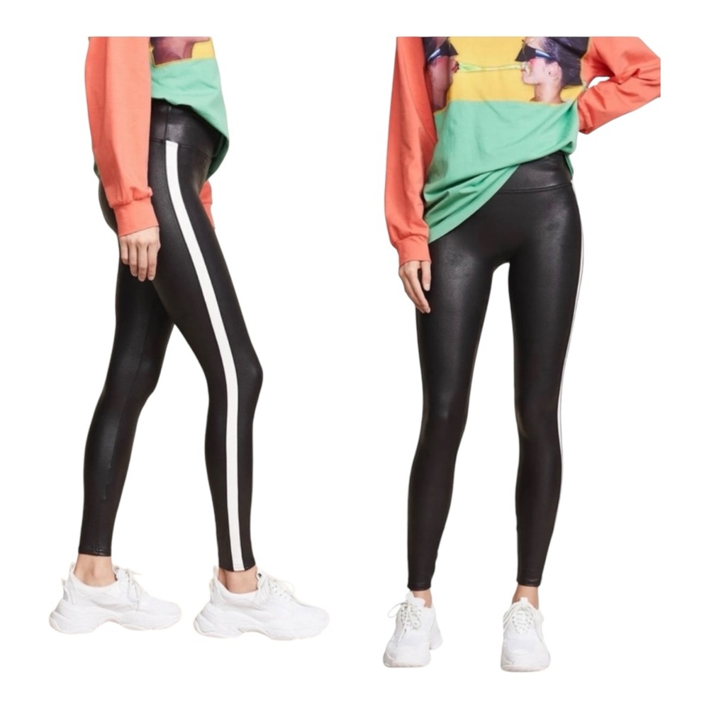 SPANX Black Faux-Leather Leggings with White Side Stripe